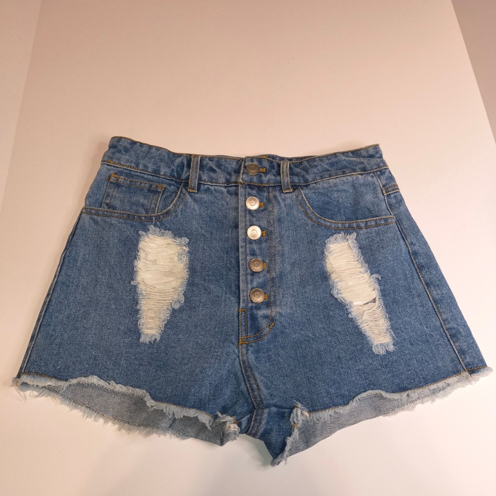 Fantastic Fawn Distressed Denim Shorts Medium Wash Button Fly Raw Hem Small